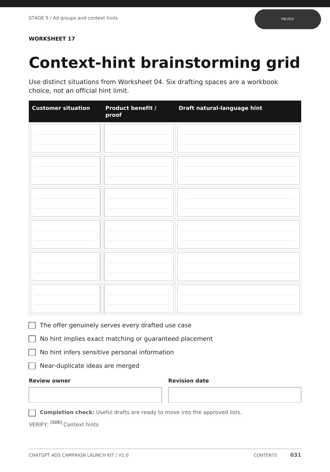 Preview of Launch Kit page 31 showing a context-hint brainstorming grid