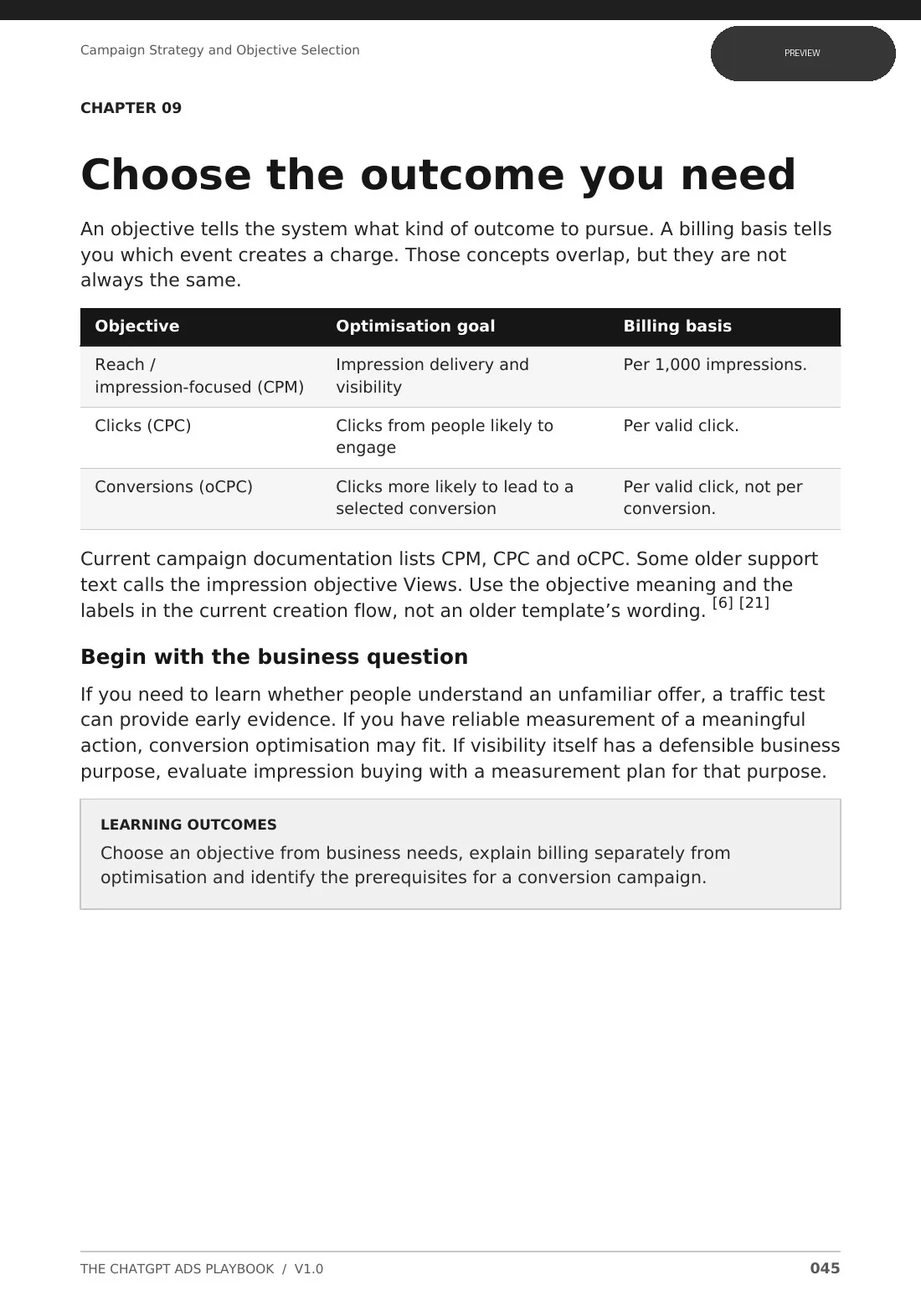 Preview of Playbook page 45 comparing CPM, CPC and oCPC objectives